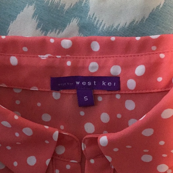 Coral colored white polka-dotted blouse with button front and tie closure. - Picture 3 of 5